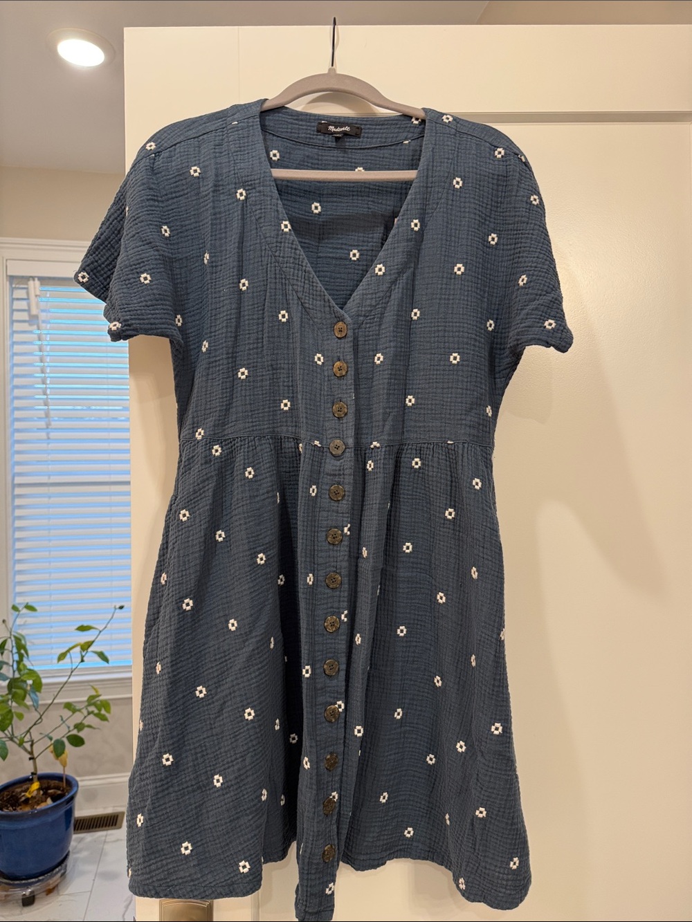 Madewell Blue Embroidered Lightspun Button-Front Mini Dress